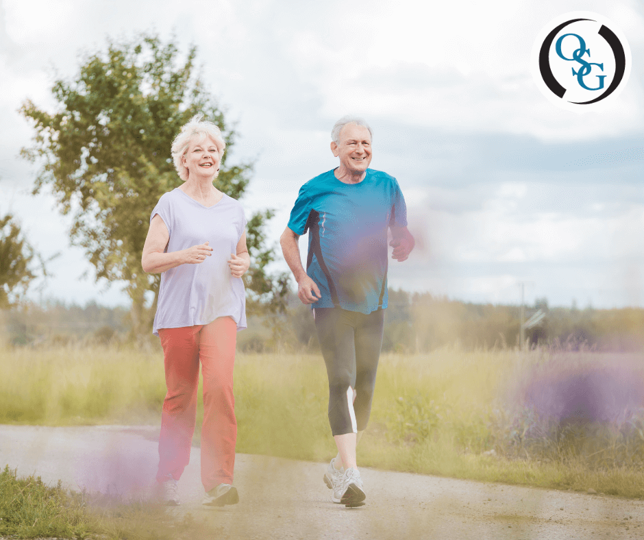 An elderly couple out for a jog